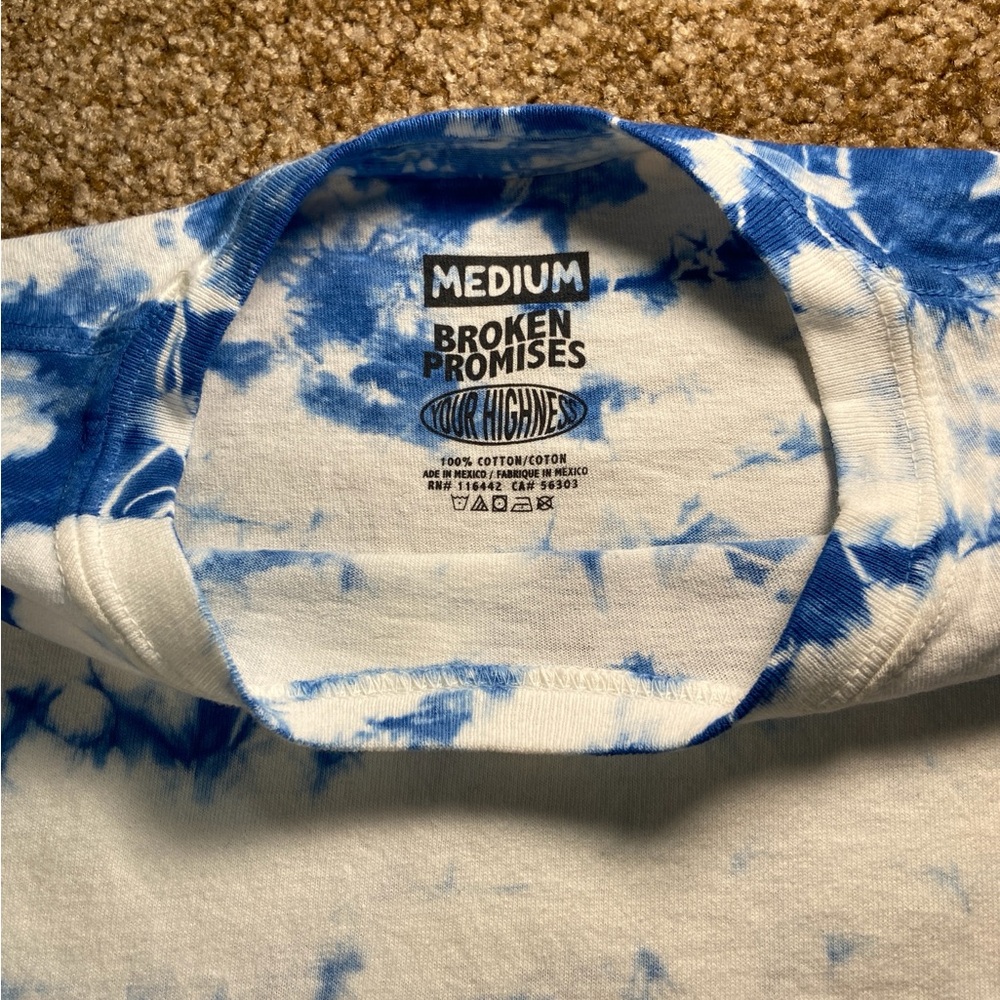 Broken Promises Brand Men’s Tie Dye Tee, Blue White Medium 100% Cotton